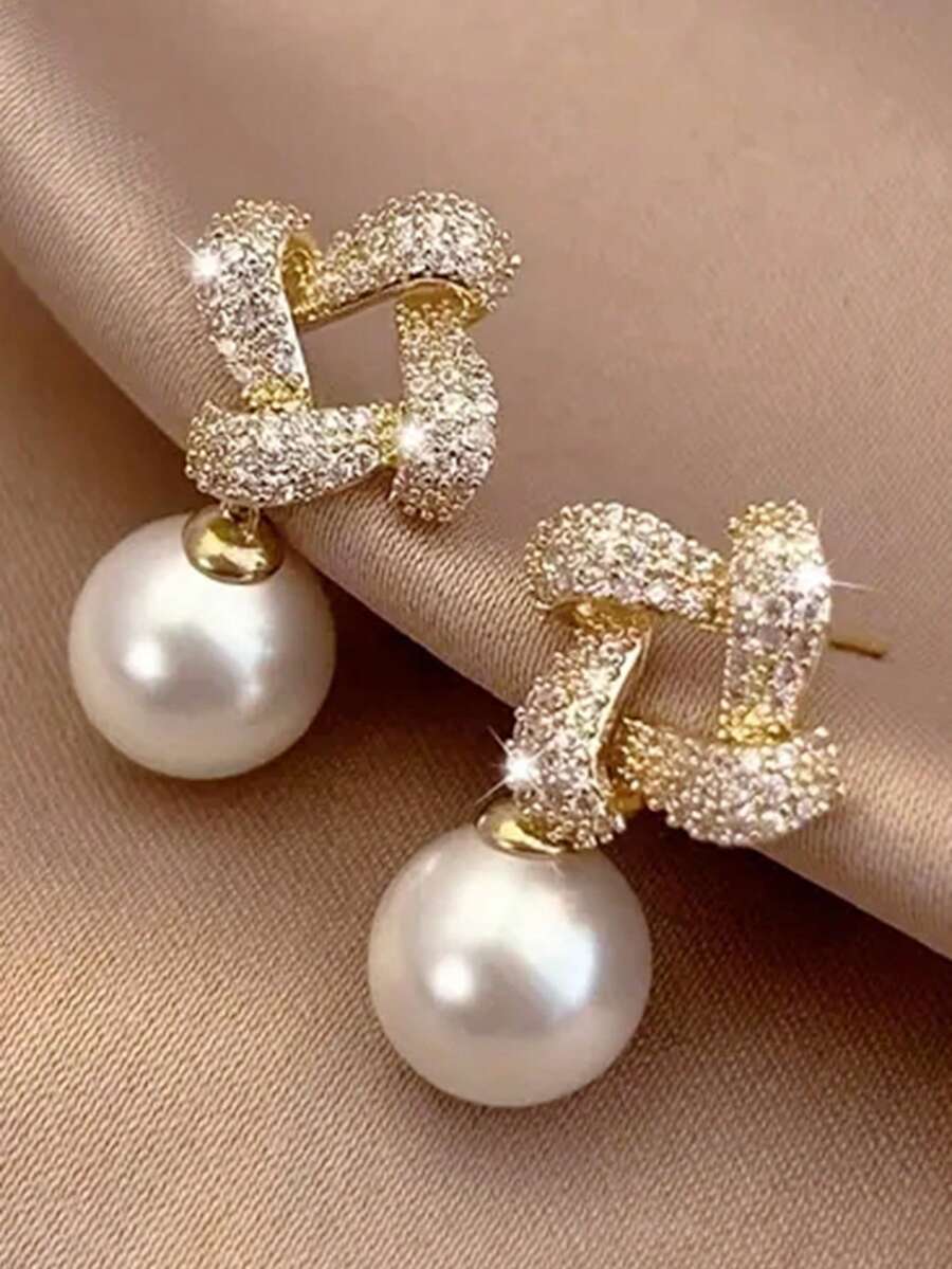 1 Par de Brincos Elegantes com Zircônia Cúbica e Pérola Sintética para Mulheres - Ideal para Casamento, Noivado, Aniversário, Festas e como Presente de Dia dos Namorados - 1# - Ver 1