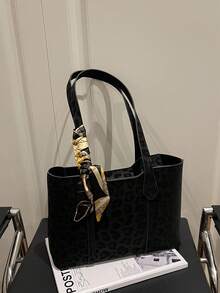 1 pieza Bolso de hombro de mujer de unicolor con estampado de leopardo, versátil y portátil de gran capacidad y lujo, adecuado para citas, compras, regalos, trabajo, viajes, incluye una bufanda delicada - Negro - Ver 7