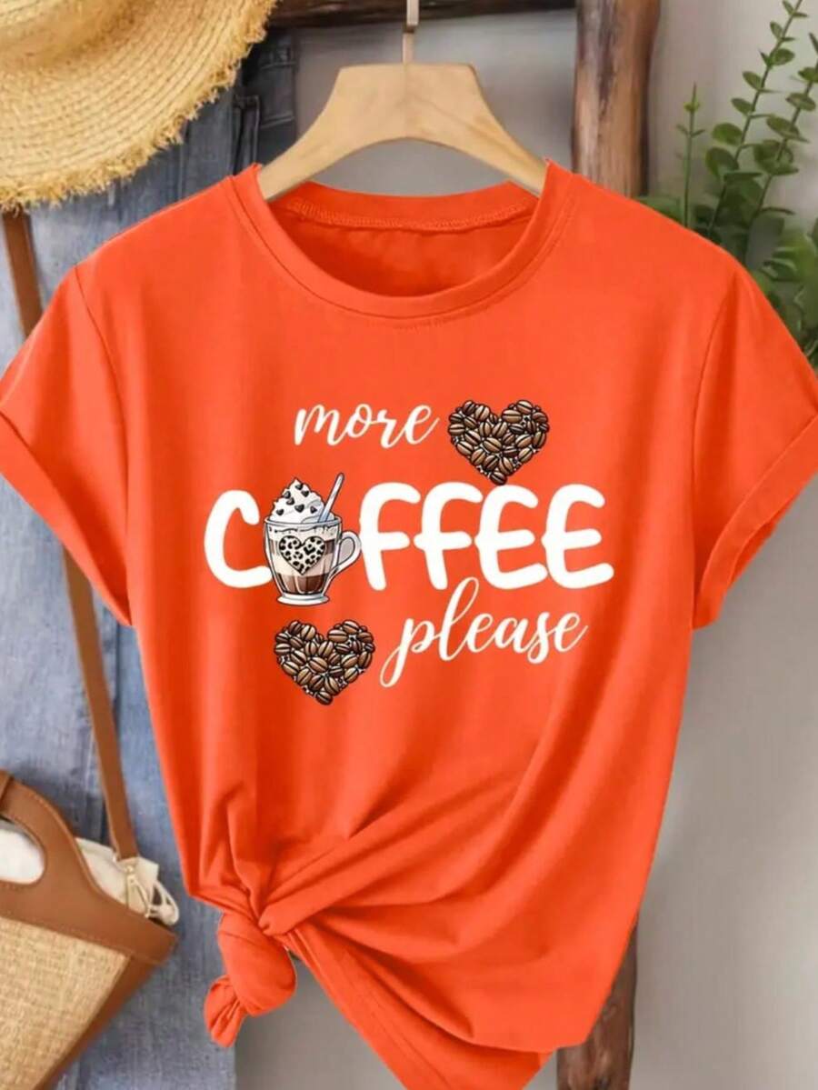 Camisa Feminina 100%algodão casual unissex estampa COFFEE gola redonda tendencia modelo verão confortável ideal para o dia a dia!!! - Laranja - Visão 1