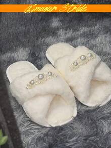 舒适保暖的女士卧室拖鞋，优雅仿珍珠平底套脚拖鞋，毛绒室内家居鞋，简约防滑，四季皆宜 - 交叉白 - 查看 4