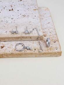 4件套精美锆石耳环套装，可叠戴，搭配珍珠，适合女性佩戴，耳骨穿孔时尚饰品，14K镀金低敏垂坠耳环，精致小巧长链穿孔饰品，适合女性和女孩佩戴。 - Silver-7# - 查看 3