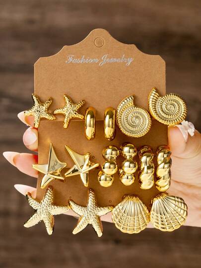 4/6/16pcs Women's Pure Gold Earring Set, Including Starfish, Pentagram, Small C-Shape, Seashell, 5-Pearl C-Shape, Large Seashell, Braided, Low-Allergy Thick Gold Earrings, Fashionable And Elegant, Suitable For Daily, Party And Gift For Girlfriend/Mother