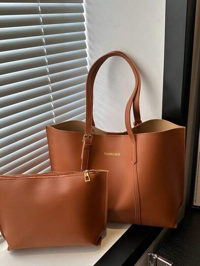 2pcs/Set Solid Color Small Shoulder Tote Bag & Clutch Wallet, PU Leather Material Suitable For Girls, Women Shopping, Work Commute And Daily Use