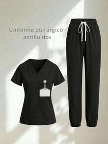 Conjunto uniforme médico quirúrgico set 2 piezas dama mujer manga corta cuello v pantalón jogger resorte cordón cómodo - Negro - Ver 1