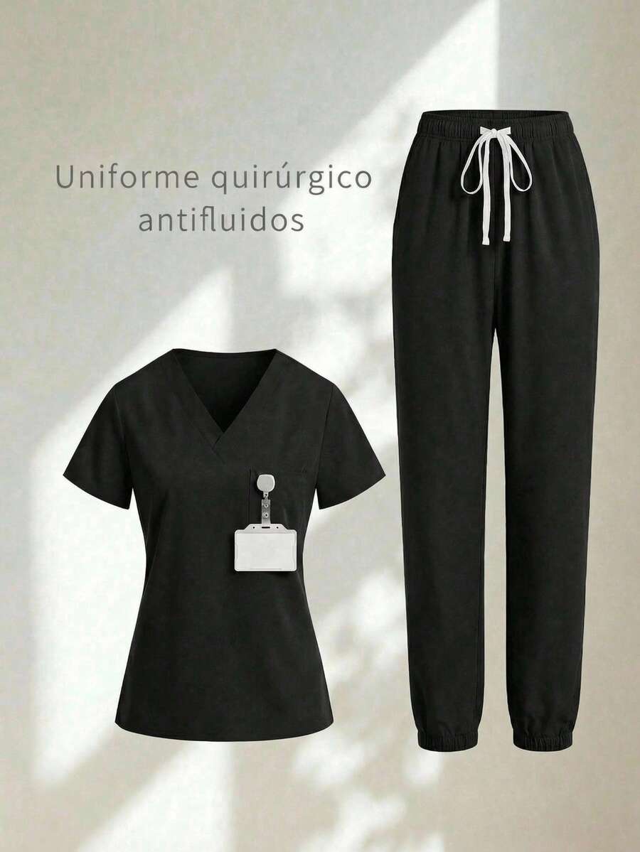 Conjunto uniforme médico quirúrgico set 2 piezas dama mujer manga corta cuello v pantalón jogger resorte cordón cómodo - Negro - Ver 1