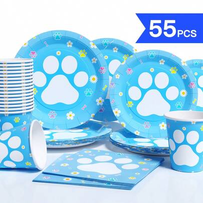 طقم أطباق وأكواب ومناديل ورقية يمكن التخلص منها بطبعة أقدام كرتونية على قاعدة زرقاء، مناسب ل- 10 ضيوف، أطباق ورقية يمكن التخلص منها لحفلات عيد الميلاد والزفاف والحفلات الموضوعية والنزهات العائلية