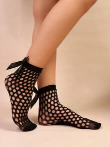 1双女士蕾丝短袜，女士蝴蝶结中筒袜，花卉图案丝袜 - 黑色 - 查看 7