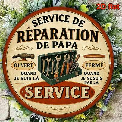 1pc 2D Flat Round French Sign Plaque, Vintage "Dad's Repair Service" Decor Plaque, Retro Repair Shop Decoration, Suitable For Garage, Studio, Bar, Cafe, Restaurant, Home Wall
