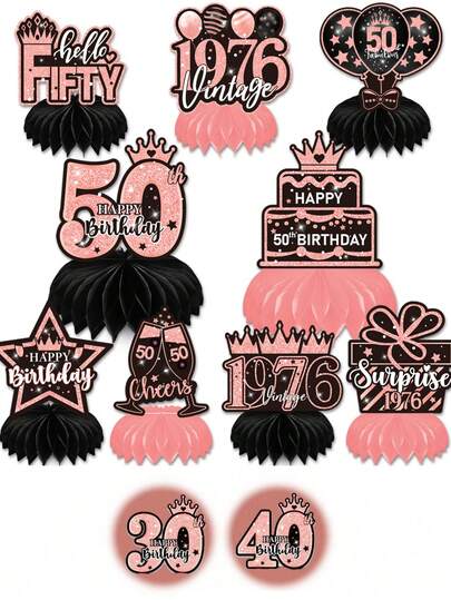 9件套“女士30/40/50岁生日派对装饰——玫瑰金主题蜂窝球桌饰，营造氛围”