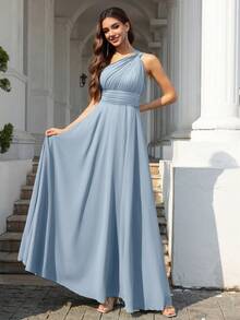 Volly Toych Elegant Sleeveless Chiffon Maxi Bridesmaid Dress With Asymmetric V-Neck And Ruched Detail, Suitable For Wedding Guests - Dusty Blue - View 3