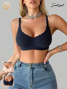 2pcs Women's Intimate Apparel, Skin-Friendly Lift & Support Bras, Romantic French Casual Comfortable Minimalist Mature Charm Breathable Wireless Bras, Women's Base Layer French Style Elegant English Strap Anti-Sagging Bras - Multicolor - View 2