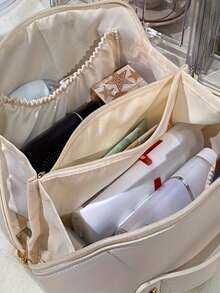 1个大容量旅行化妆包，可扩展的化妆品收纳包，带拉链隔层，适合存放化妆品和配件，粉色女士洗漱包，适合健身、商务旅行和度假，结实耐用的锯齿纹理手柄，收纳整理好帮手，旅行必备 - 查看 6