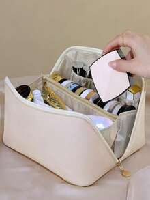 1个大容量旅行化妆包，可扩展的化妆品收纳包，带拉链隔层，适合存放化妆品和配件，粉色女士洗漱包，适合健身、商务旅行和度假，结实耐用的锯齿纹理手柄，收纳整理好帮手，旅行必备 - 查看 5