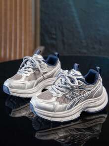 Kids' Breathable Mesh Sports Shoes, Retro Distressed Style, Anti-Slip Thick Sole, Unisex Casual Chunky Sneakers - Grey - View 4