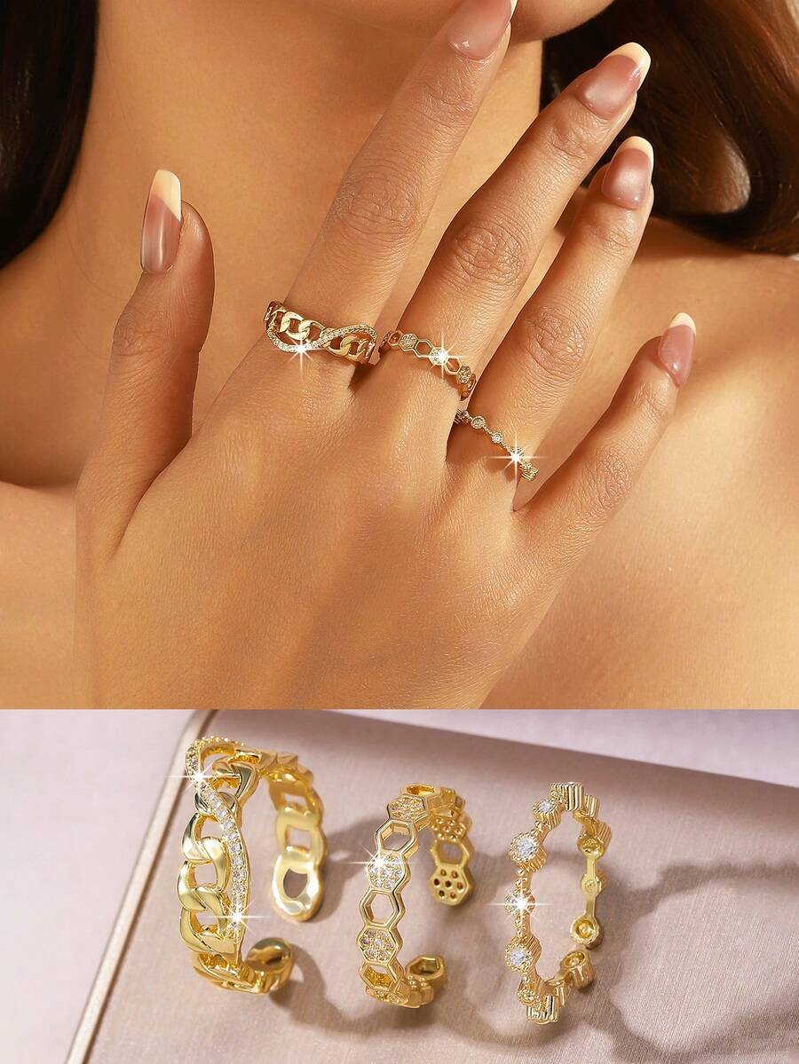 3枚独特线条几何锆石铜戒指，适合女性作为周年纪念日、生日礼物或日常佩戴。 - 金色 - 查看 1