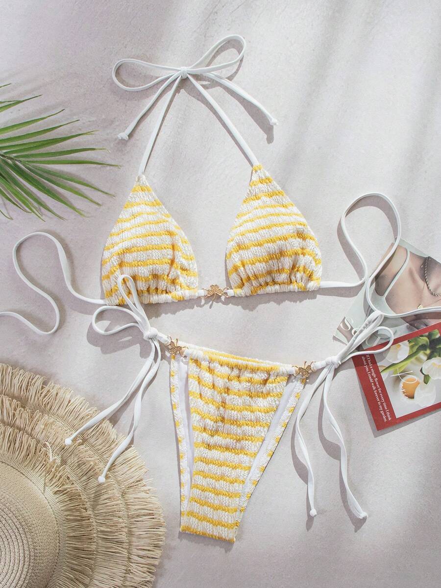 Women's Striped Halter Bikini Set For Beach Vacation Summer - Yellow and White Stripes - View 1