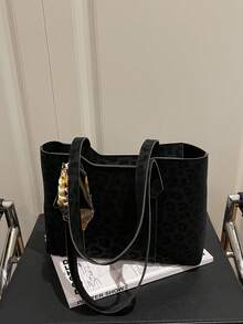 1 pieza Bolso de hombro de mujer de unicolor con estampado de leopardo, versátil y portátil de gran capacidad y lujo, adecuado para citas, compras, regalos, trabajo, viajes, incluye una bufanda delicada - Negro - Ver 6