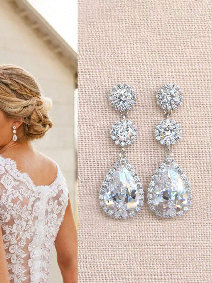 1 Pair Romantic Cubic Zirconia Drop Earrings For Women For Wedding Engagement Anniversary Party Jewelry Valentine's Day Gift - 1# - View 1