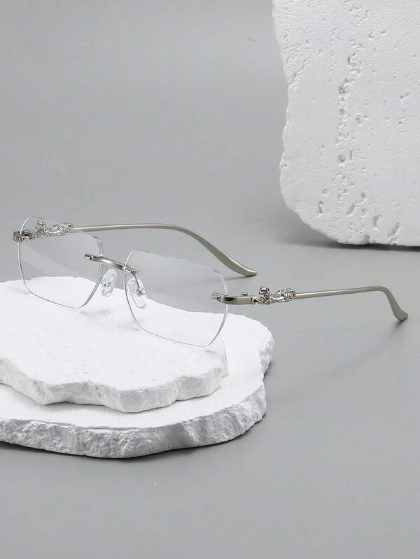 1 par de gafas elegantes y con montura de metal sin borde irregular de plata con diseño de zorro, nuevas llegadas para la primavera, para hombres