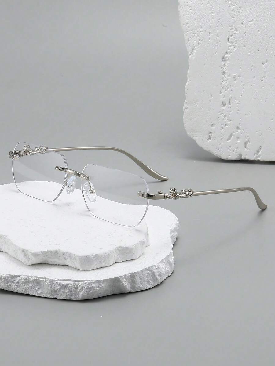 1 Pair Men's Silver Asymmetric Rimless Metal Fox Elegant Stylish Flat Glasses, New Arrival For Spring - Silver - View 1