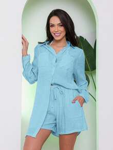 Conjunto Feminino Saída De Praia Camisão Manga Longa E Short Verão - Azul Claro - Visão 3
