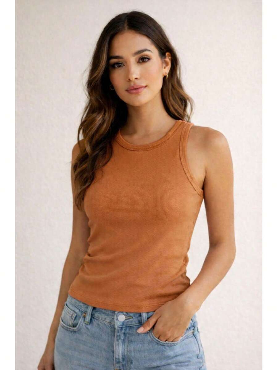 Women's Basic Ribbed Premium Sleeveless Tank Top, Comfortable, Fitted To The Body, Casual, Gym, Everyday, Women's Fashion - 駝色 - 查看 1