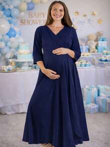 Vestido maternidad largo elegante para dama mujer ropa embarazo ropa para embarazada juvenil moderna suave evento baby shower de noche embarazada cruzado manga media cuello v cruzado corte amplio fresco ligero diario cena cita sesion de fotos calle femenino bohemio elegante outfit primavera verano otoño invierno posparto - Azul Marino - Ver 2