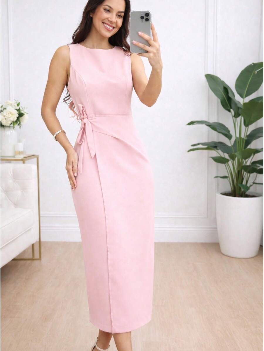 Women's Tailored Midi Dress With Waist Belt – Elegant For Parties, Weddings, And Social Events - Màu Hồng baby - Xem 1