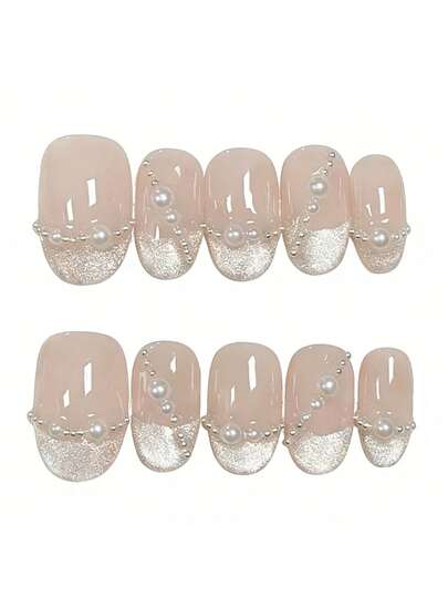 10pcs Pure Handmade Press On Nails Medium Nails Oval Nails A Nude Base, Hand-Painted Cat-Eye French Style, Is Embellished With Various Sizes Of Pearls And Fine Silver Beads, Presenting A Delicate Yet Not Overly Ostentatious Look.Gentle Elegant Cute Nails For Ladies And Girls Spring Summer Fall Winter Festivals Parties And Daily Life Use