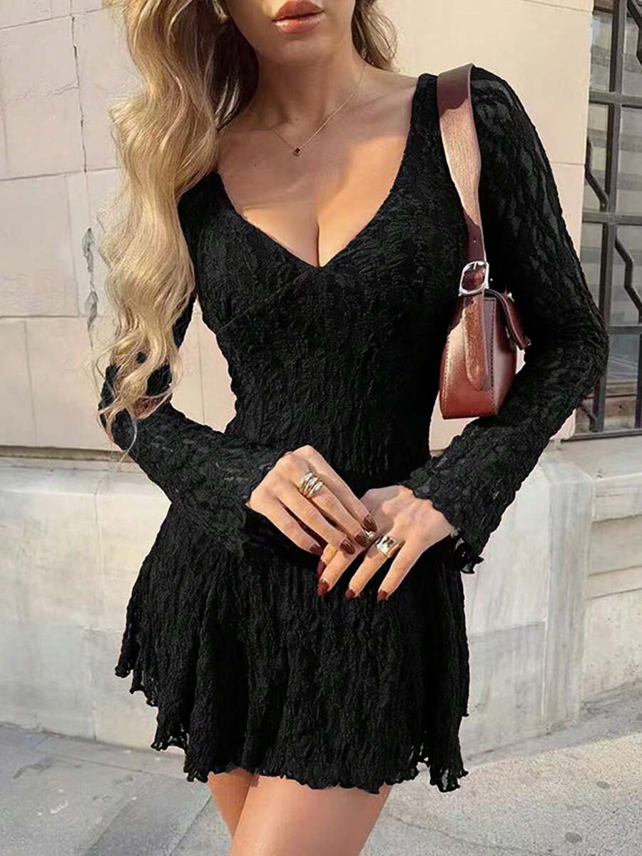 Women Black Knitted Deep V Neck Long Sleeve Mini Dress Semi Sheer Elegant - Black - View 1
