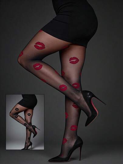 1 Pair Black Lip Print Pantyhose, Sexy Fishnet Black Stockings With Bold Lip Print Pattern, Suitable For Valentine's Day, Ladies, Girls, Cosplay, Party, Date, Comfortable Stretchy, Essential Summer Travel Gift