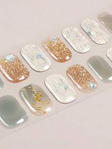 16片极简奢华棕金色闪粉线条凝胶美甲贴纸，持久耐用，需配合UV灯使用，保护天然指甲，适合女性/女孩日常通勤、街头风、社交活动、婚礼、DIY时尚美甲。 - 彩色 - 查看 3