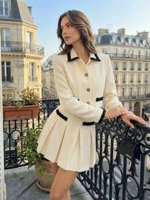 Perirose Women's Apricot 2 Pieces Set, Matching Jacket And Skirt With Contrast Trim, Elegant Outfit Suitable For Office, Holiday Party, Christmas - Apricot - View 5