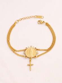 1pc Stainless Steel Virgin Mary Pendant Bracelet Fashion Gold Cross Charms Double Layer Chain Bracelets For Women Jewelry - Bracelet - View 7