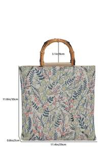 Countryside Style Linen Tote Bag, Bamboo Handle Large Capacity Tote Bag, New Spring/Summer Retro Jacquard Bamboo Handle Linen Texture Commuter Bag - Multicolor - View 11