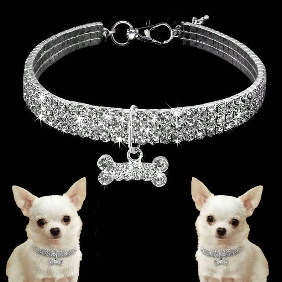 3-Row Rhinestone Elastic Pet Collar, Crystal Pet Necklace, Minimalist Pet Accessory Neck Ring, Customizable - Multicolor - View 1
