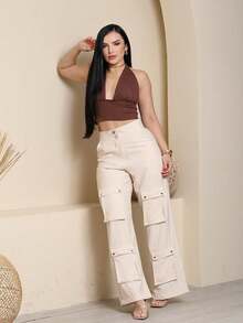 Women's Wide Leg Cargo Pants, High Waist, Tailored, Marrant Style, Palazzo Pants With 4 Utility Pockets, Premium Streetwear - 米色 - 查看 3