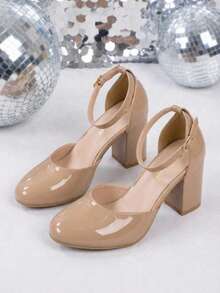 Zapatillas de tacón cuadrado de altura media para mujer de moda, con hermoso acabado y pulsera con hebilla ajustable en tobillo, perfecto para ocasiones especiales, fiestas o para añadir un - Champán - Ver 5