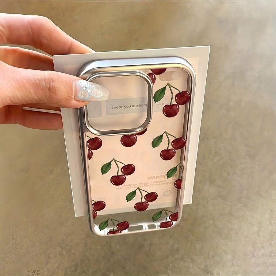 Ốp điện thoại chống sốc thiết kế hình quả anh đào, mạ điện bóng, họa tiết lá xanh và quả anh đào đỏ, tương thích với Apple 16 Pro Max, 17/16/15/14 Plus, 13/12/11, Air Spring. - Nhiều màu - Xem 1