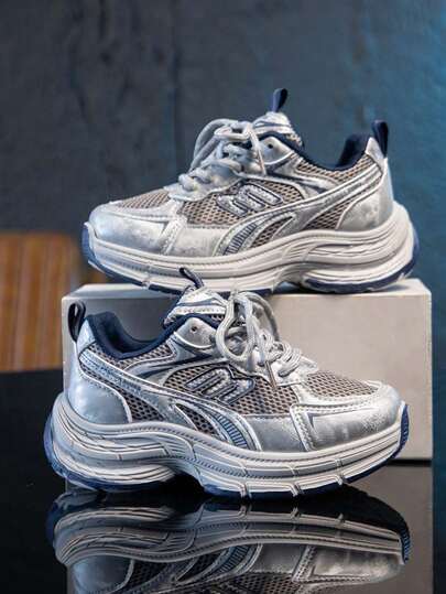 Kids' Breathable Mesh Sports Shoes, Retro Distressed Style, Anti-Slip Thick Sole, Unisex Casual Chunky Sneakers