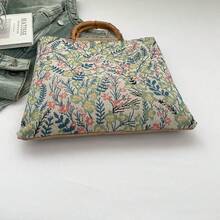 Countryside Style Linen Tote Bag, Bamboo Handle Large Capacity Tote Bag, New Spring/Summer Retro Jacquard Bamboo Handle Linen Texture Commuter Bag - Multicolor - View 6