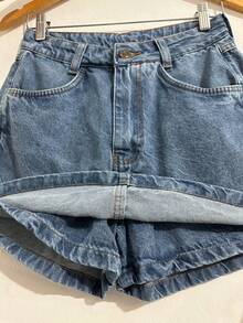 Plus Size Straight-Cut Denim Shorts With Button And Zipper Closure, Pockets, No Stretch. - Rửa trung bình - Xem 6
