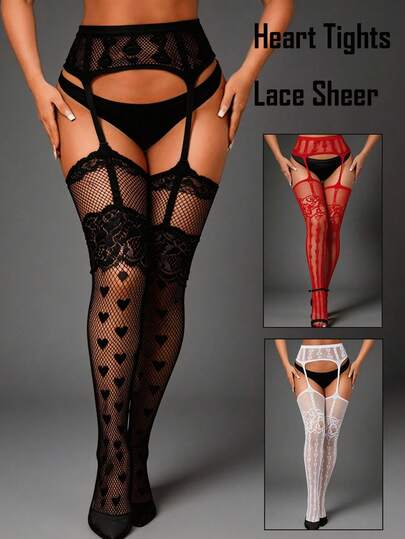 1双黑白红女士渔网吊袜带连裤袜，心形花卉图案大腿袜，带吊袜带，情人节蕾丝紧身裤，夏季旅行派对角色扮演礼物