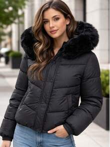 Women's Lined Puffer Jacket With Removable Hood And Button Pockets - màu đen - Xem 1