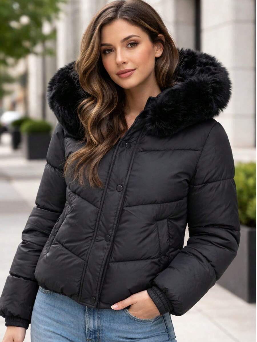 Women's Lined Puffer Jacket With Removable Hood And Button Pockets - màu đen - Xem 1