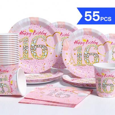 16岁生日钻石气球粉色背景一次性餐盘、餐巾纸、杯子，一次性派对用品套装，适合10位客人，一次性纸盘派对餐具，适用于生日、婚礼、主题派对、家庭野餐