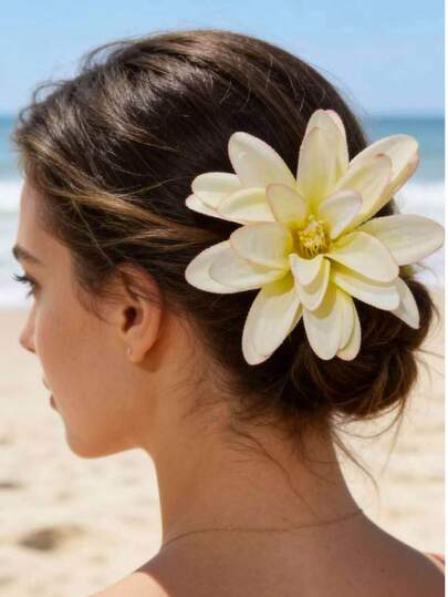 Large Gerbera Flower Print Bohemian Polyester (Polyester) Hair Clip, Gerbera Flower Hair Clip In Pink, Large Faux Flower Hair Accessory, Suitable For Beach, Wedding And Summer