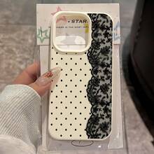 1pc White Lychee Texture Matte Minimalist Lens Protection, Partial Screen Polka Dot & Lace Pattern Mosaic Phone Case, Personalized For IPhone 16 Pro Max, 17/16/15/14 Plus/13/12/11, Air, Compatible With Samsung Series - Multicolor - View 2