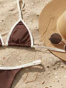 Women's Bikini With Adjustable Straps (Sizes: S/M/L/XL) Backless Tie-Front Beach Vacation No Padding Tan Lines Adjustable Bottom - Brown and Beige - View 2
