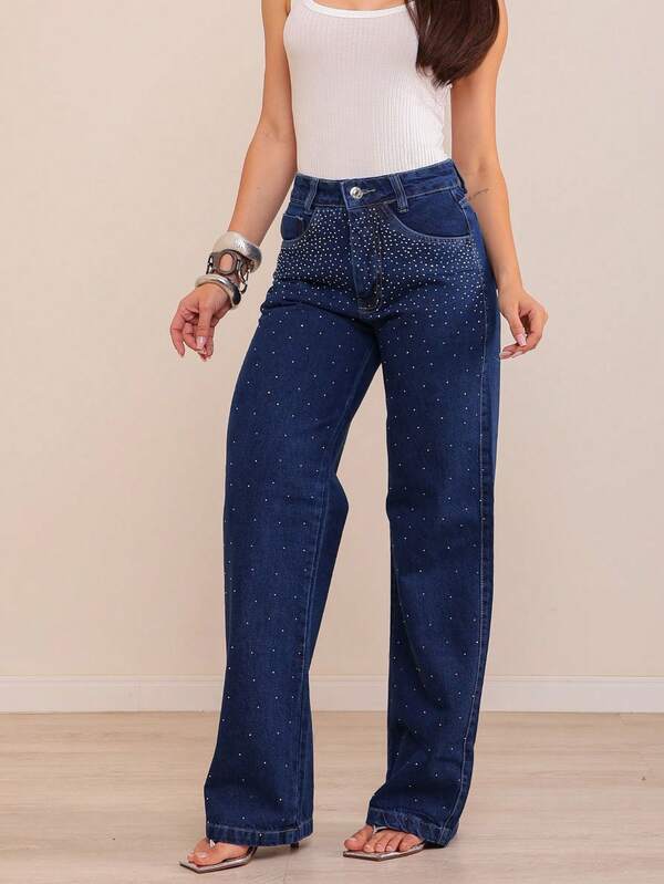 Wide leg de strass , jeans feminina de linha premium,